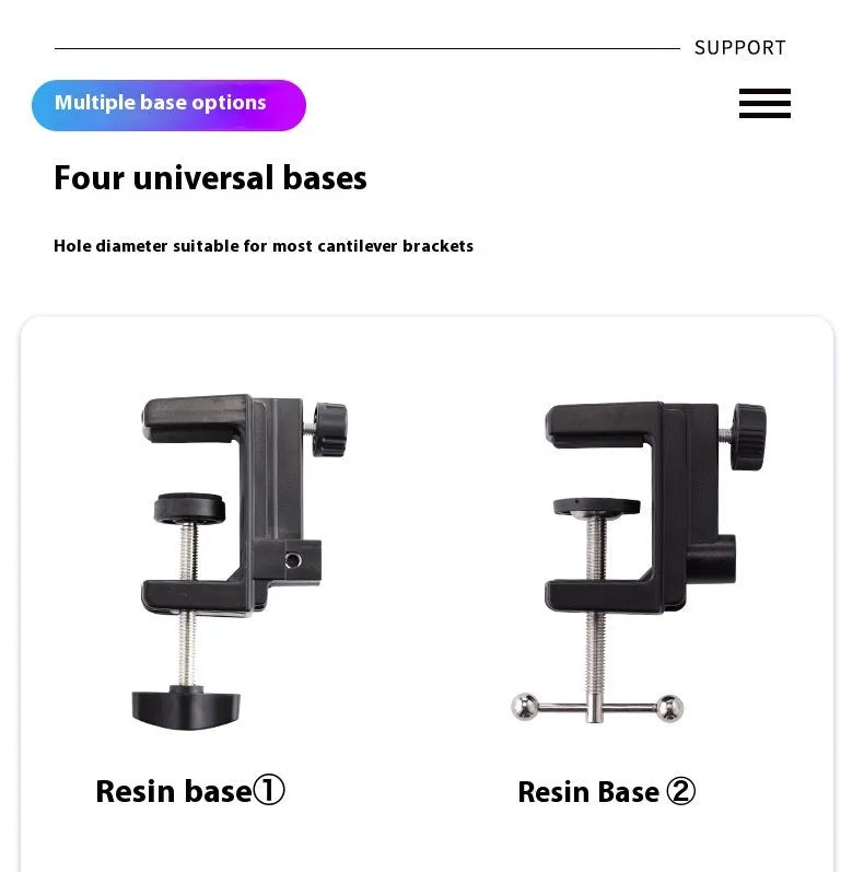 Black foldable metal desktop cantilever bracket holding tablet with adjustable arms