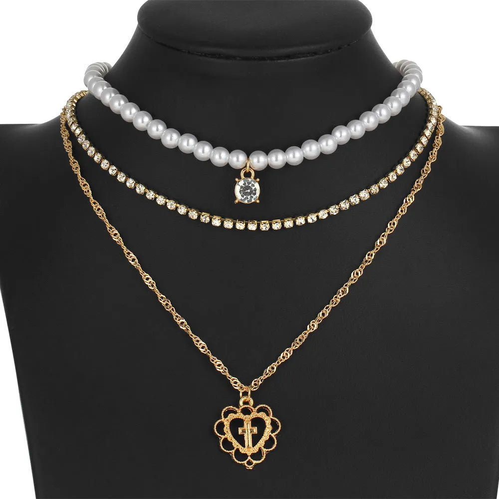 Gold multilayer necklace with rhinestone and 6mm imitation pearl drops, 28-40cm chain with 10cm extension