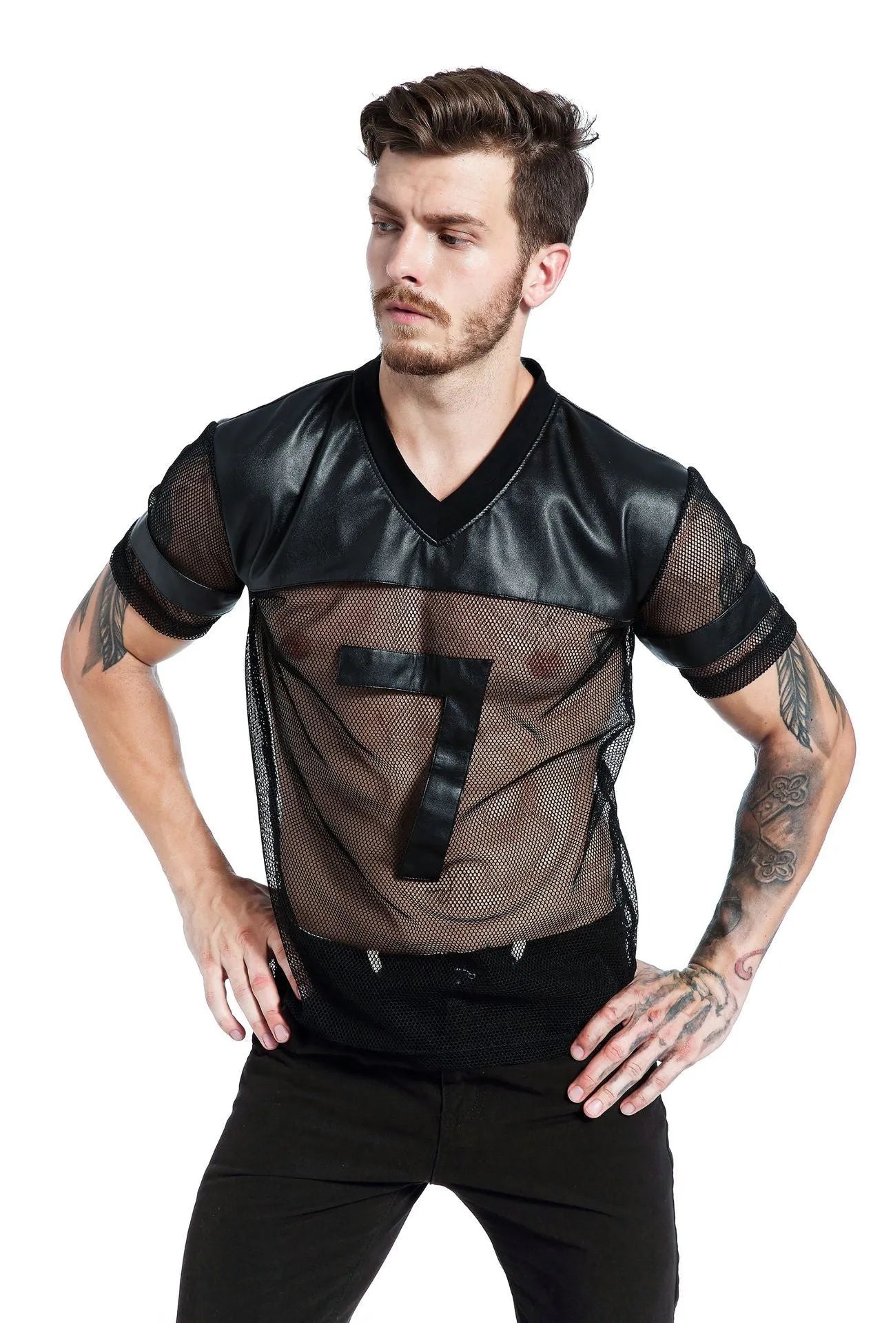 Men's black mesh sports t-shirt with V-neck design and stitching collage craft on short sleeves
