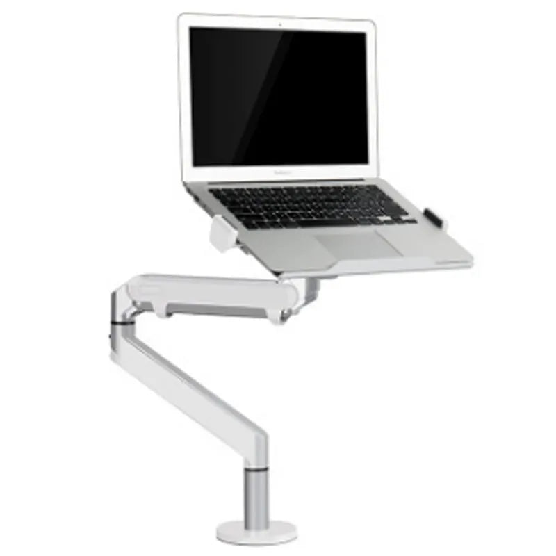 Silver aluminium laptop stand with adjustable air pressure arm holding a notebook above desktop