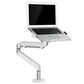 Silver aluminium laptop stand with adjustable air pressure arm holding a notebook above desktop