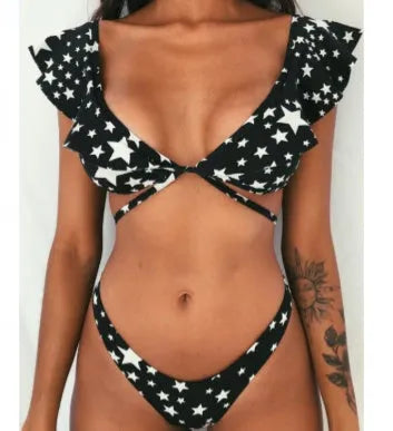 Yellow floral print split bikini swimsuit on a mannequin, showing front and back views.