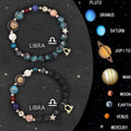 A set of two natural stone beaded bracelets with zodiac sign charms on a dark background.