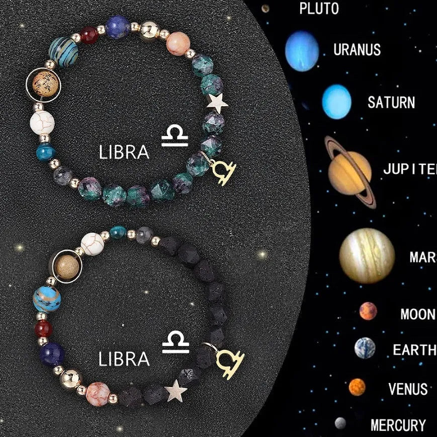A set of two natural stone beaded bracelets with zodiac sign charms on a dark background.