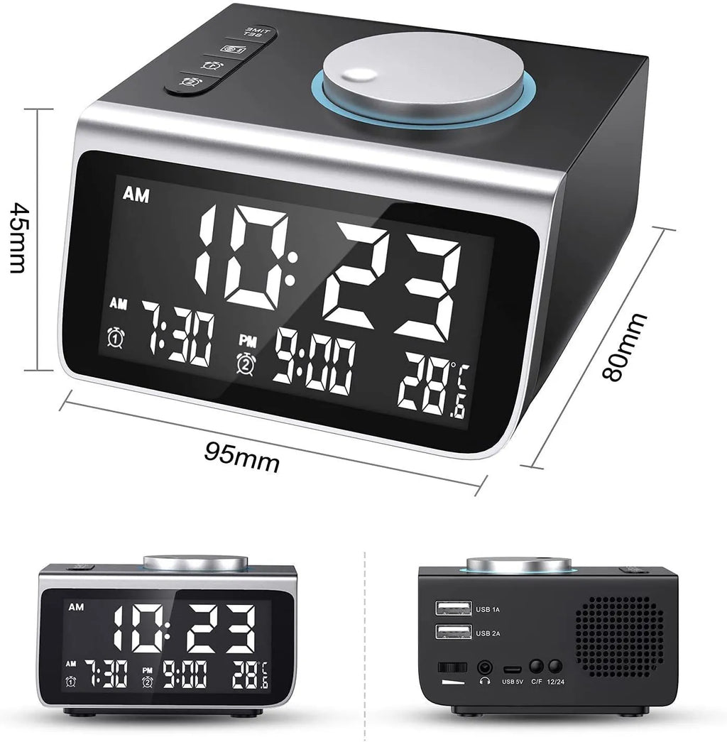 FM radio alarm clock with USB charging port, 3-inch digital display, ABS PC shell, colour box packaging