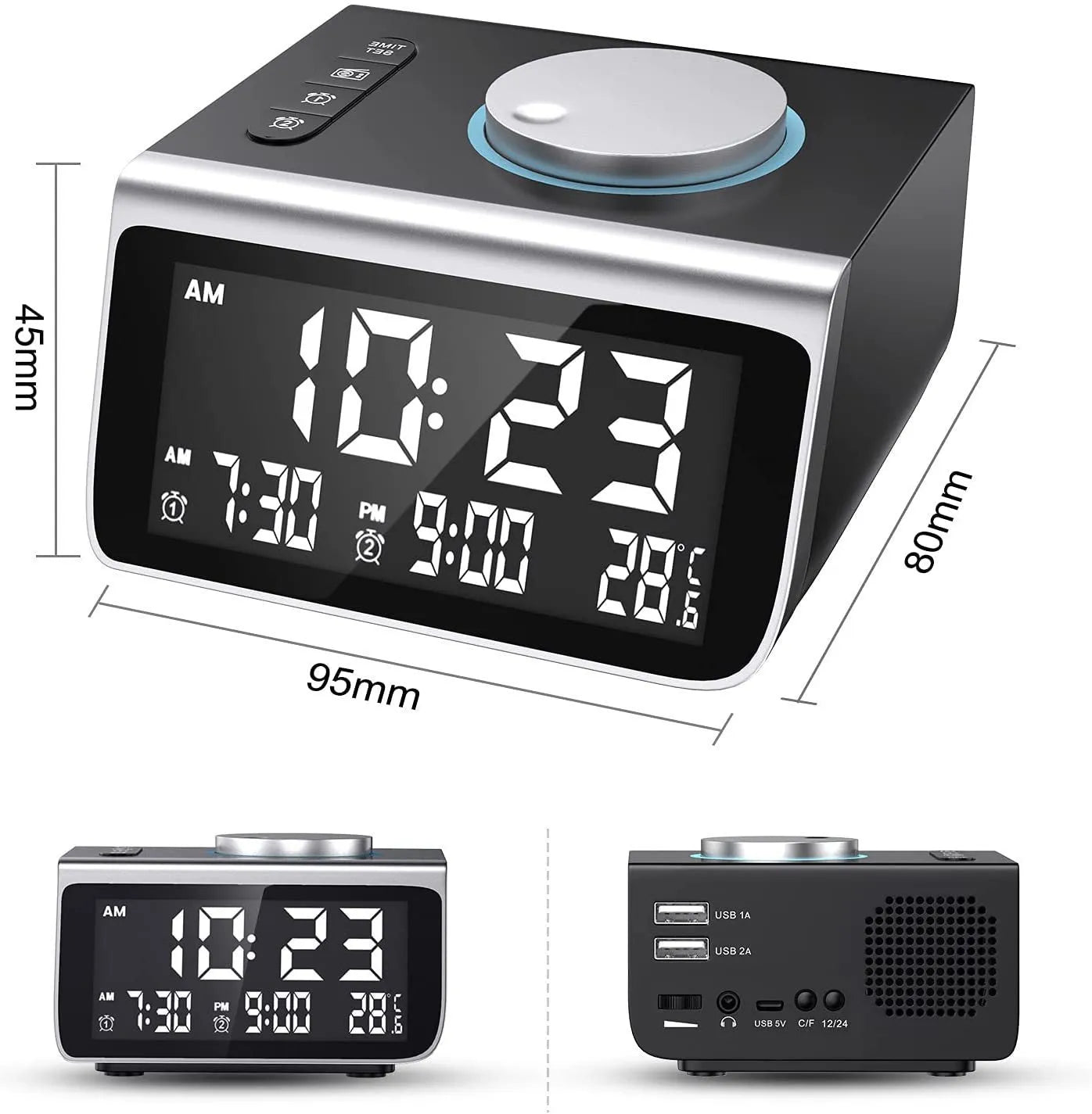 FM radio alarm clock with USB charging port, 3-inch digital display, ABS PC shell, colour box packaging