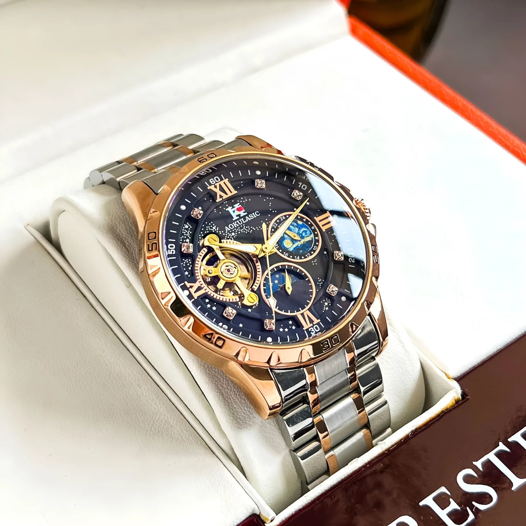 Automatic mechanical men's watch with rose gold shell and black dial showing day-date function