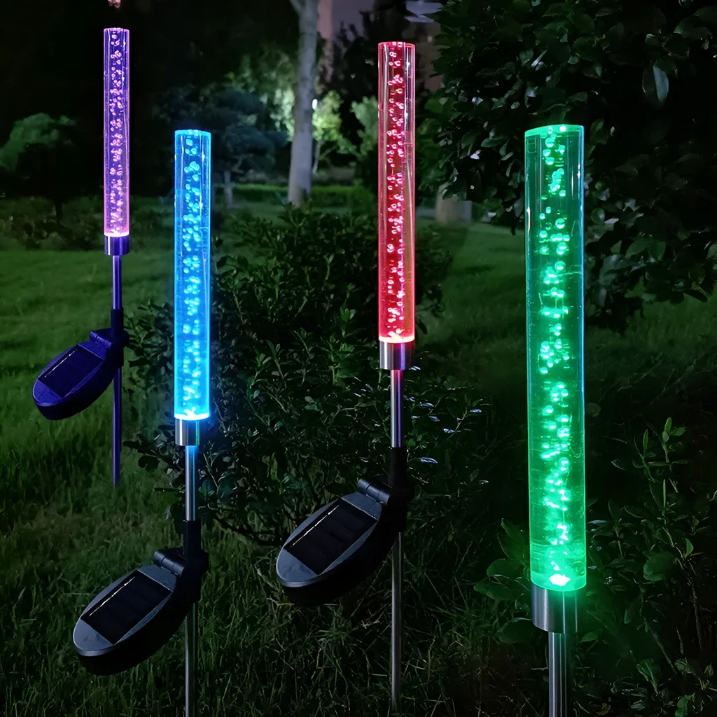 Solar bubble stick lawn lamp in stainless steel and acrylic with warm light and colorful slow flash effect