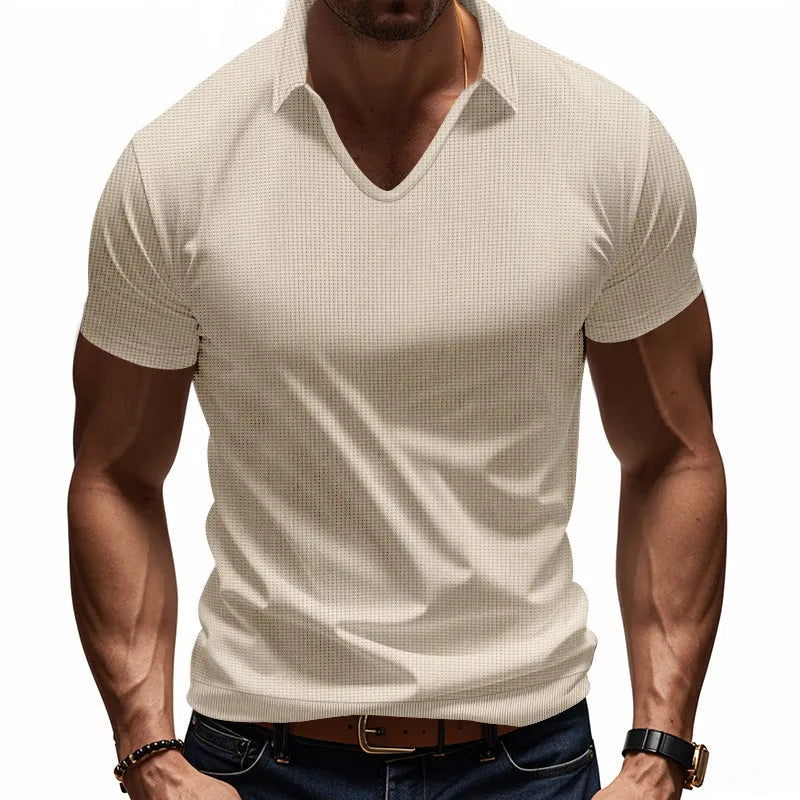 Men's casual V-neck short-sleeve top in loose cotton-blend fabric