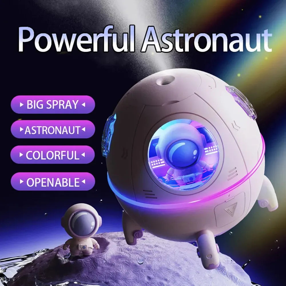 Light purple astronaut-shaped desktop humidifier with LED lights and USB cable