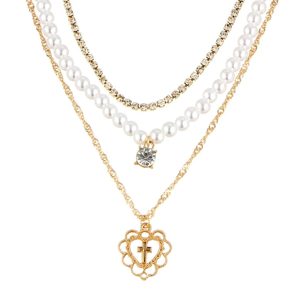 Gold multilayer necklace with rhinestone and 6mm imitation pearl drops, 28-40cm chain with 10cm extension