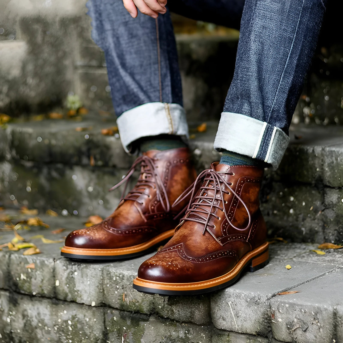 Men's leather Martin boots with first layer cowhide patent finish upper and rubber sole, black or dark coffee