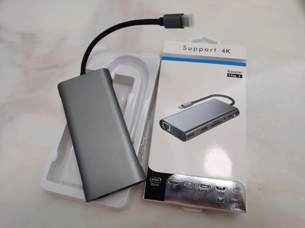 11-in-1 USB-C hub docking station with HDMI, VGA, audio, RJ45, USB 3.0, SD, TF, and PD ports