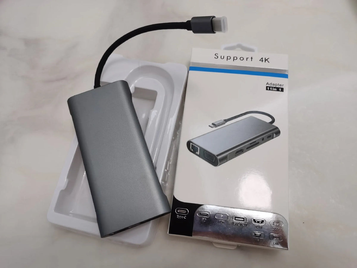 11-in-1 USB-C hub docking station with HDMI, VGA, audio, RJ45, USB 3.0, SD, TF, and PD ports