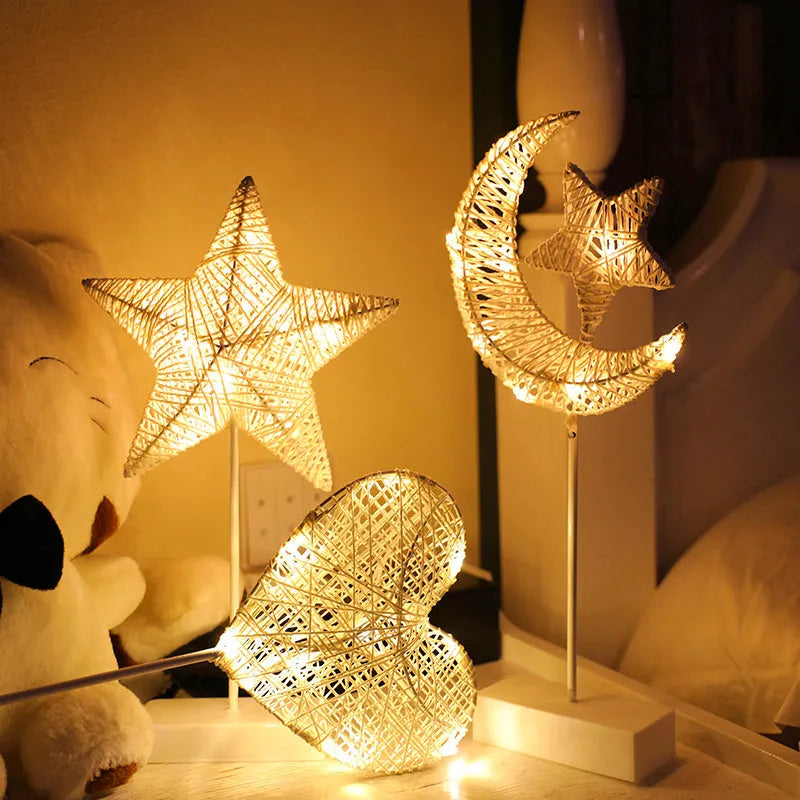 Battery-powered LED decorative lamp in star, love, or moon shape with rattan construction