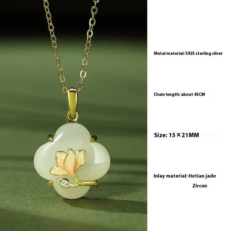 Magnolia Hetian jade necklace with 925 sterling silver pendant on O-shaped chain, 45cm length, flower shape
