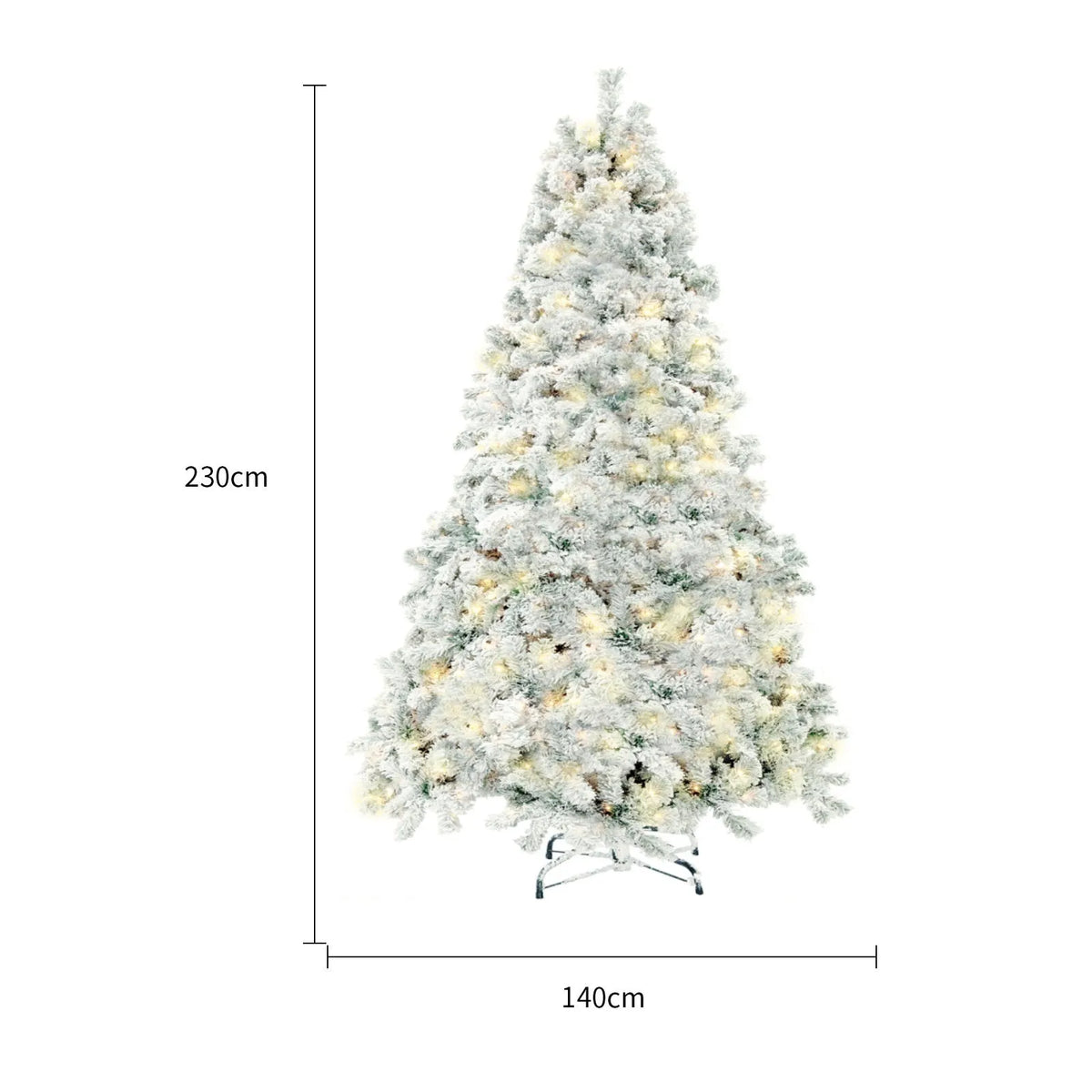 Green and white artificial PVC Christmas tree with snow effect and metal stand.