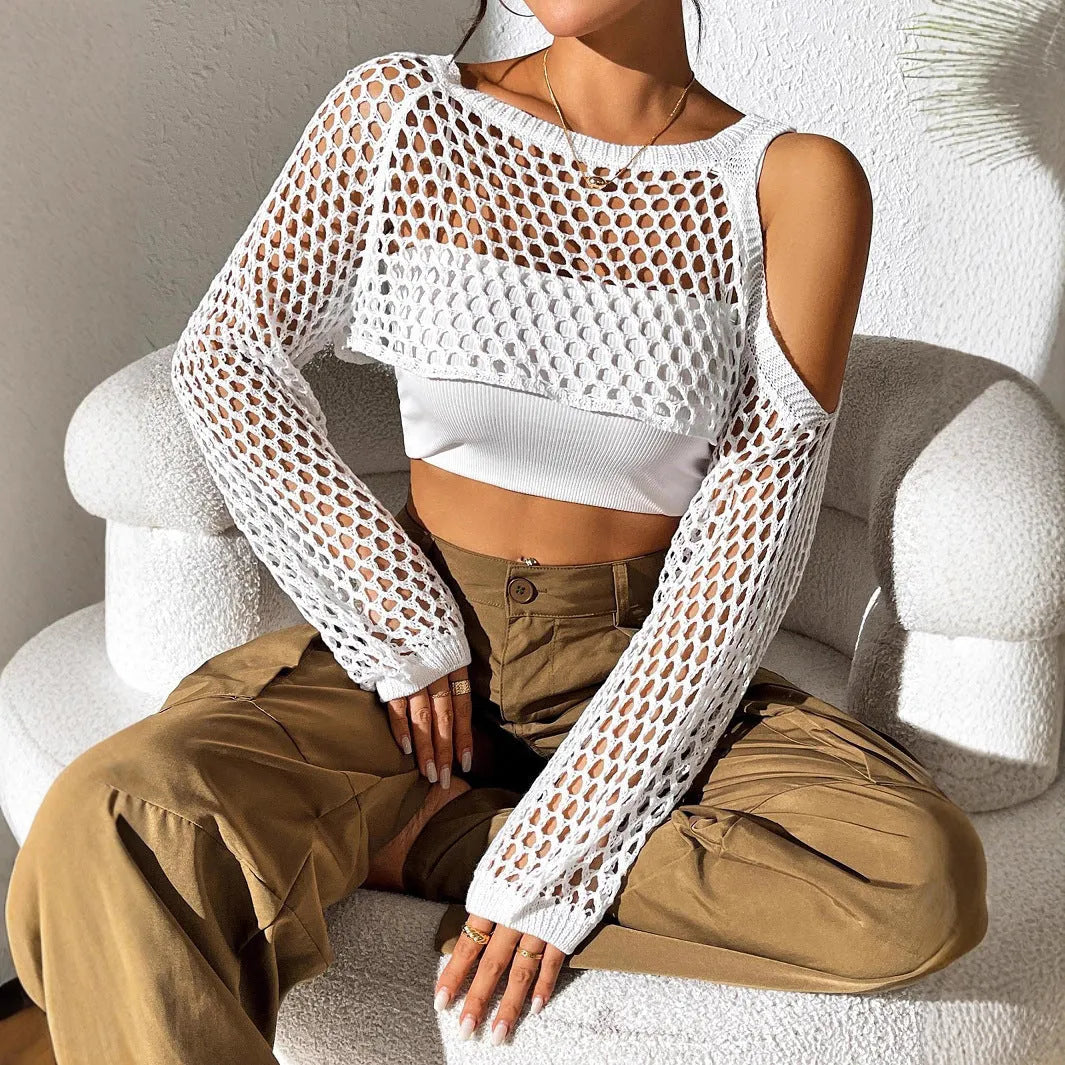 Beachwear mesh shirt with hollowed navel design in Army Green colour