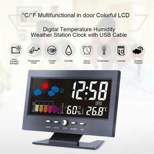Multi-function large screen perpetual calendar clock showing time and date with voice-activated backlight in black finish