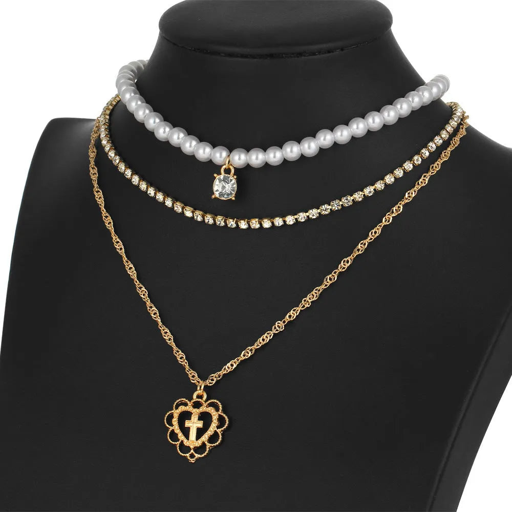Gold multilayer necklace with rhinestone and 6mm imitation pearl drops, 28-40cm chain with 10cm extension