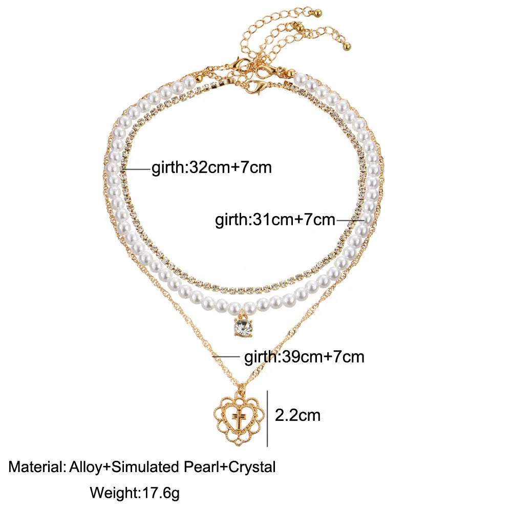 Gold multilayer necklace with rhinestone and 6mm imitation pearl drops, 28-40cm chain with 10cm extension