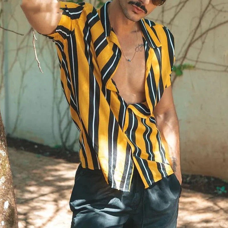 Men's soft cotton loose fit short sleeve casual shirt in yellow for summer streetwear