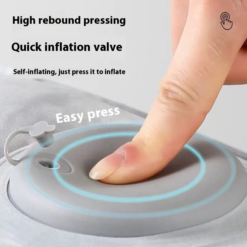 Blue inflatable seat cushion with flocked texture, shown inflated for use and folded for storage.