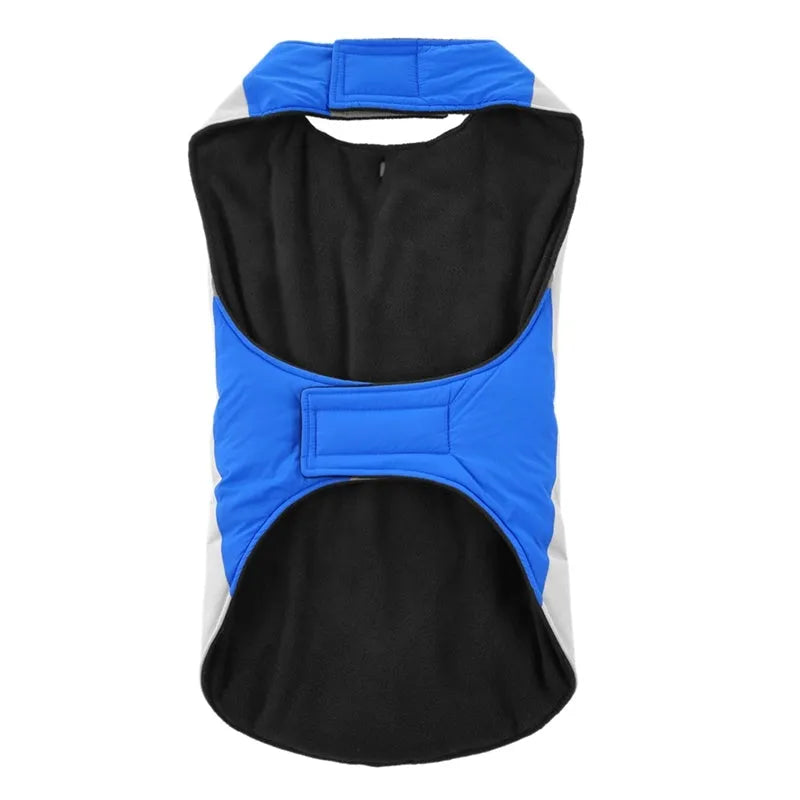 Reflective polyester dog coat in blue for large breeds, shown on a dog with safety strips visible