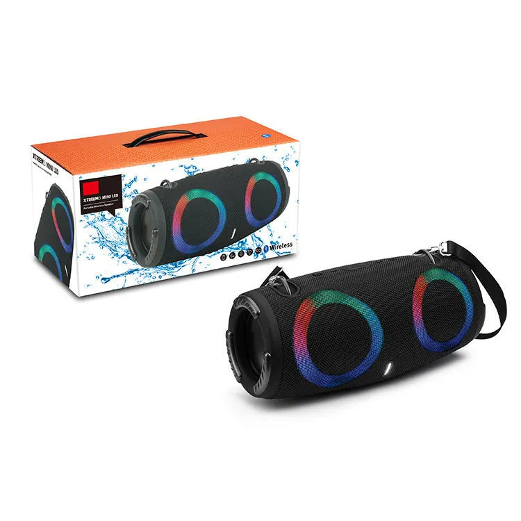 War Drum portable Bluetooth speaker with RGB lights in black, blue, red, silver grey, or camouflage colour