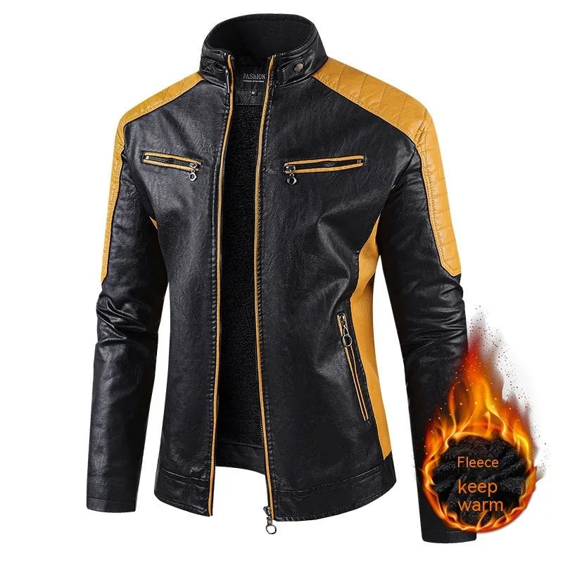 Men's PU leather coat with fleece lining, zipper pockets, retro straight hem, available in multiple colours