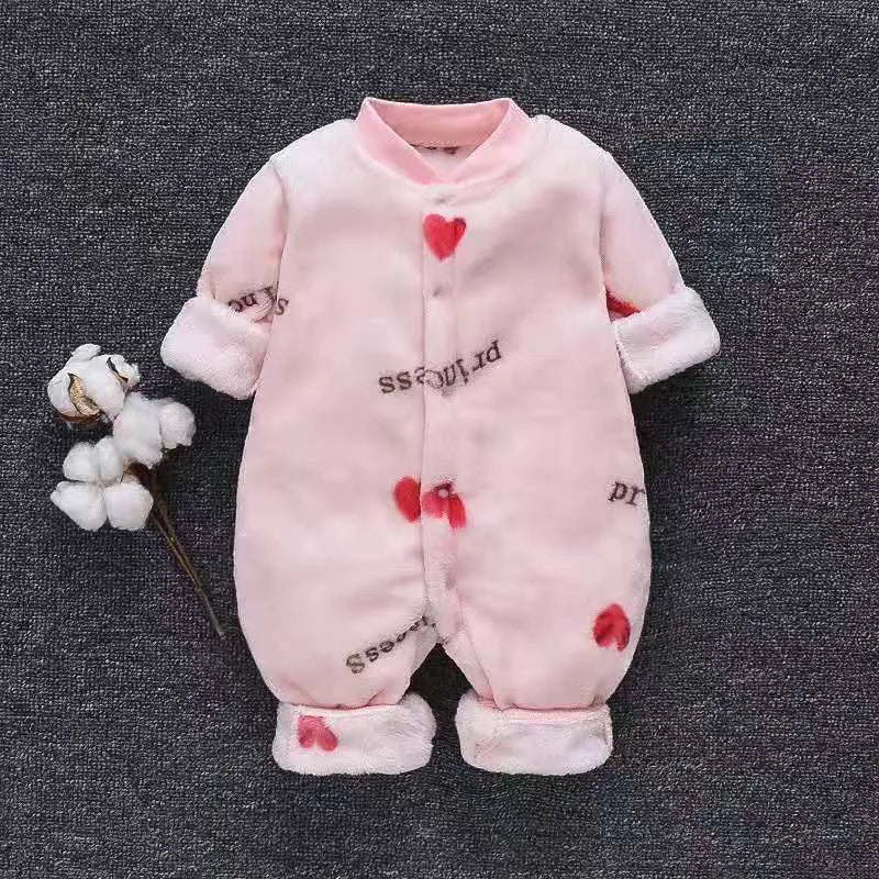 Baby wearing long sleeve flannel romper with animal print design