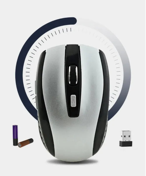 2.4G optical wireless mouse with six keys and four-way roller, shown in black