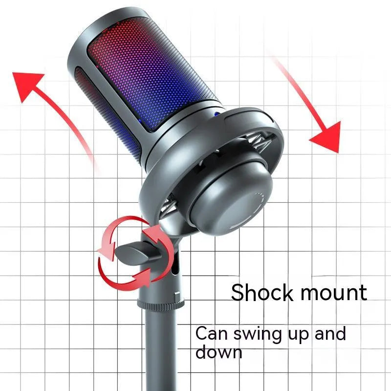 USB condenser microphone with RGB lighting in black, white, or pink for live streaming