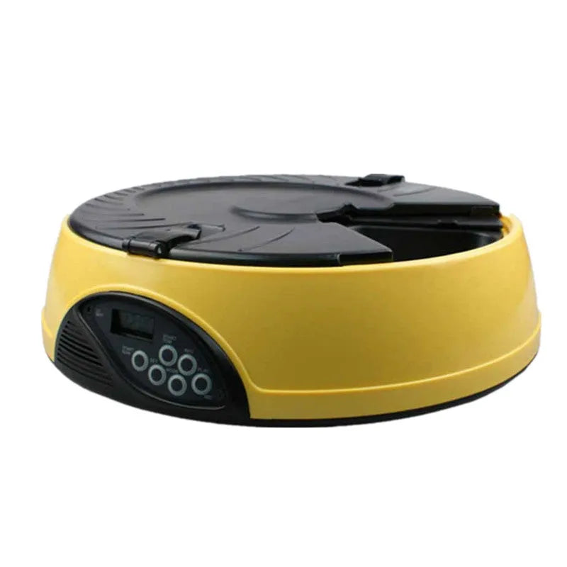 Yellow automatic pet feeder with 6-meal capacity ABS plastic timer and voice recorder