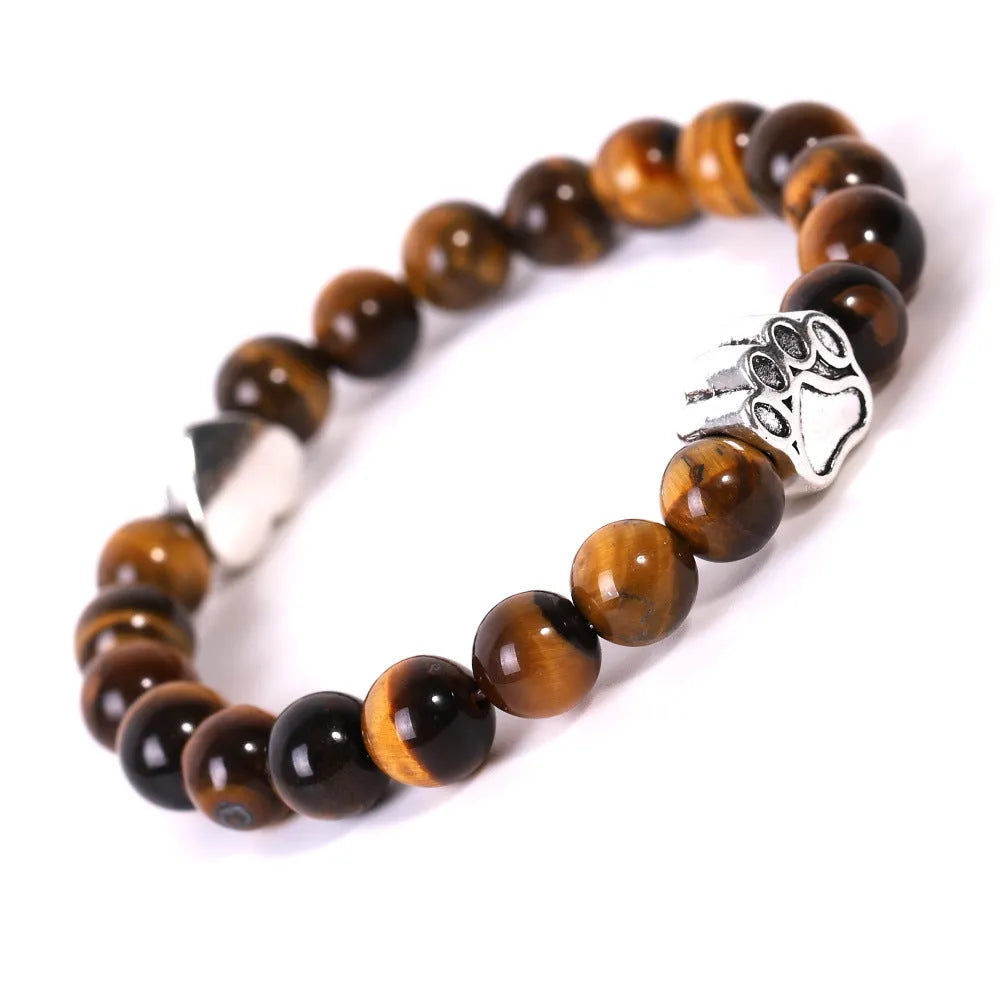 Tigereye Indian agate dog's paw bracelet with love heart charm and stone beads