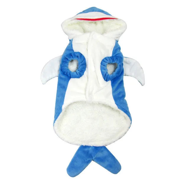 3D shark suit cosplay costume in blue or grey shearing fabric with embroidered eyes and zigzag-cut mouth