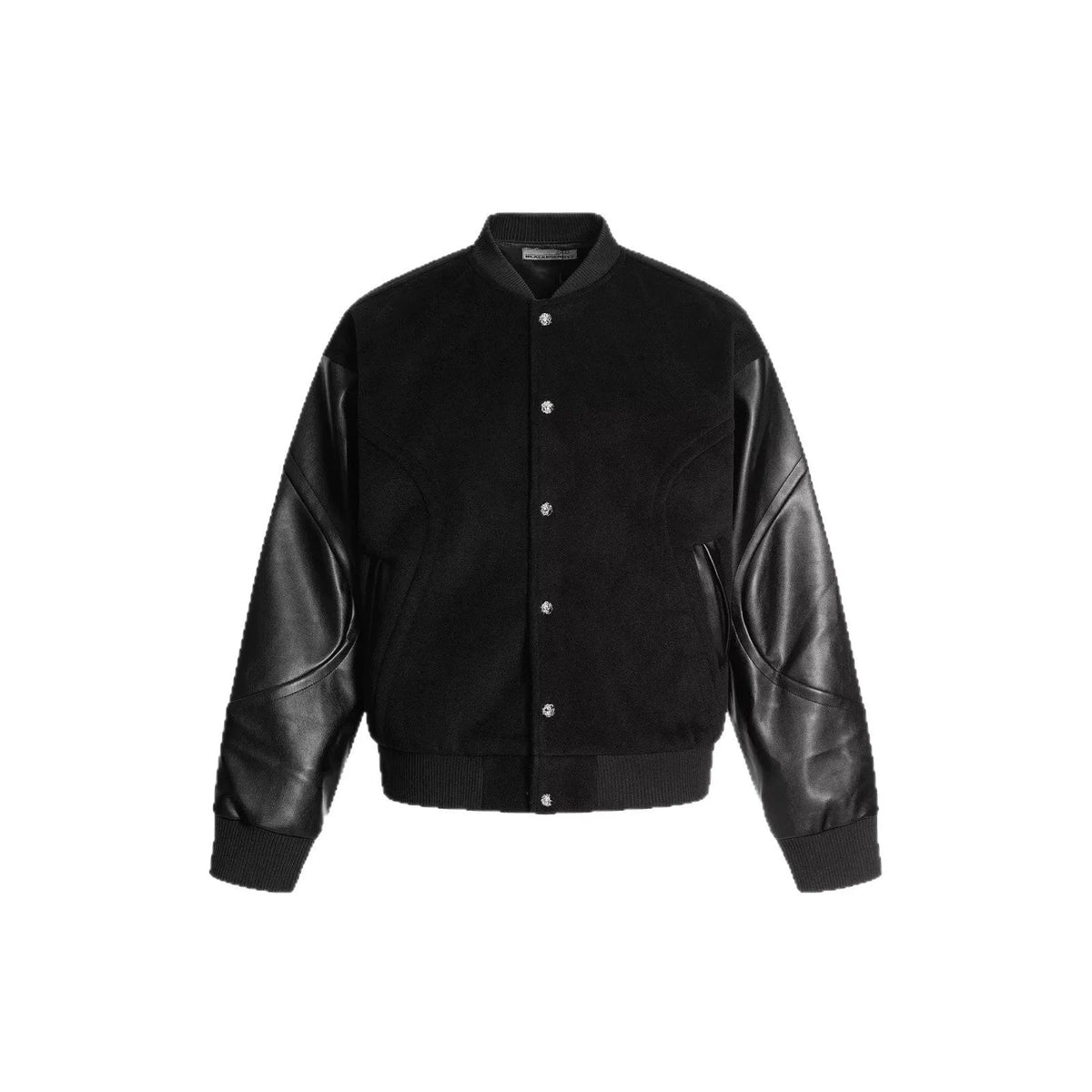 Black loose faux leather coat with longfengni patchwork, polyester lining and side seam pockets