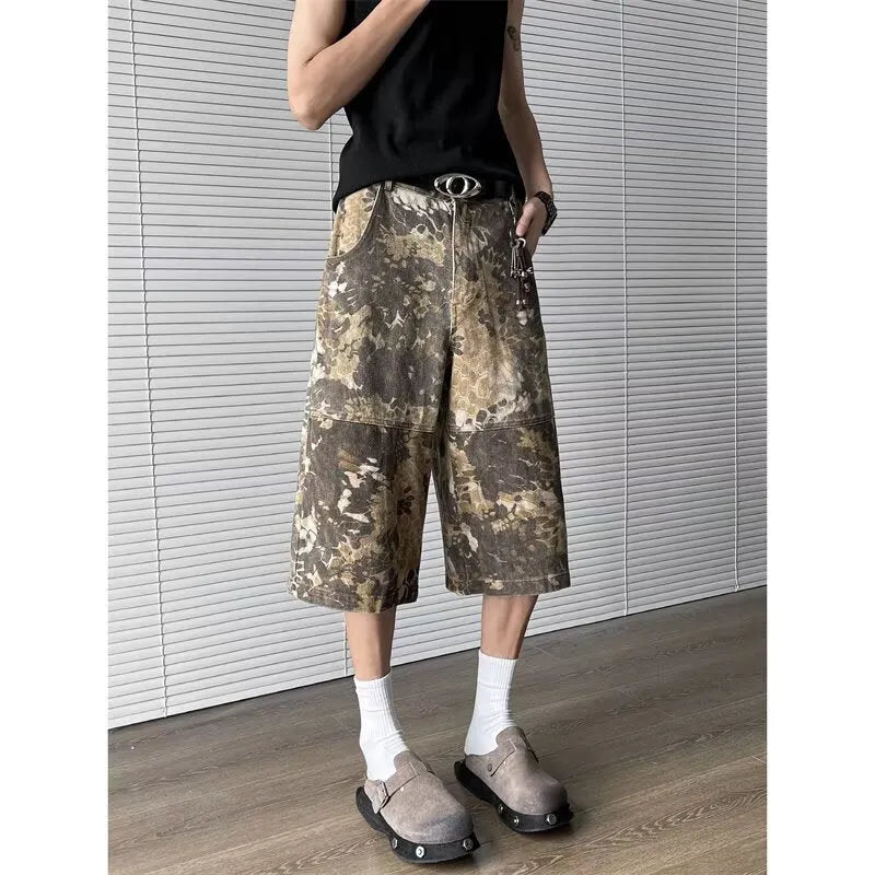 Yellow snake pattern camouflage cropped jeans in cotton denim fabric