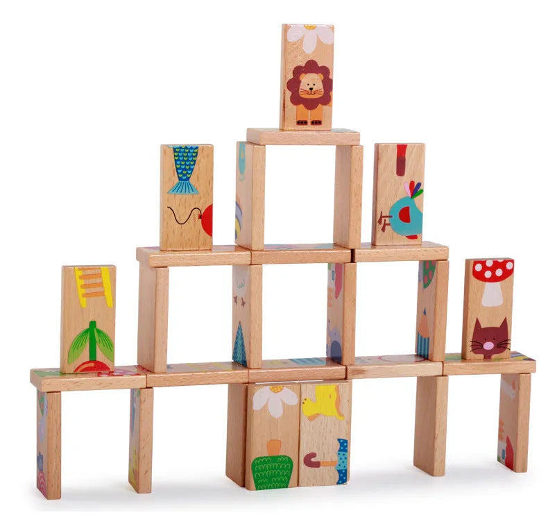 Set of 28 beech wood animal dominoes in beige colour, each 6x3 cm, displayed for puzzle solitaire or domino game