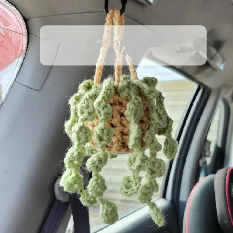Knitted wool car plant decoration with green and white pattern, 8cm basin and hanging cord