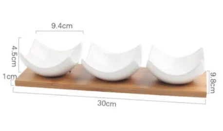 Porcelain three grid compartment dish with wooden board for serving dried fruits and snacks