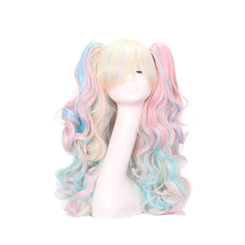 Double ponytail long curly full wig in picture colour with high-temperature fibre and curly twin tails