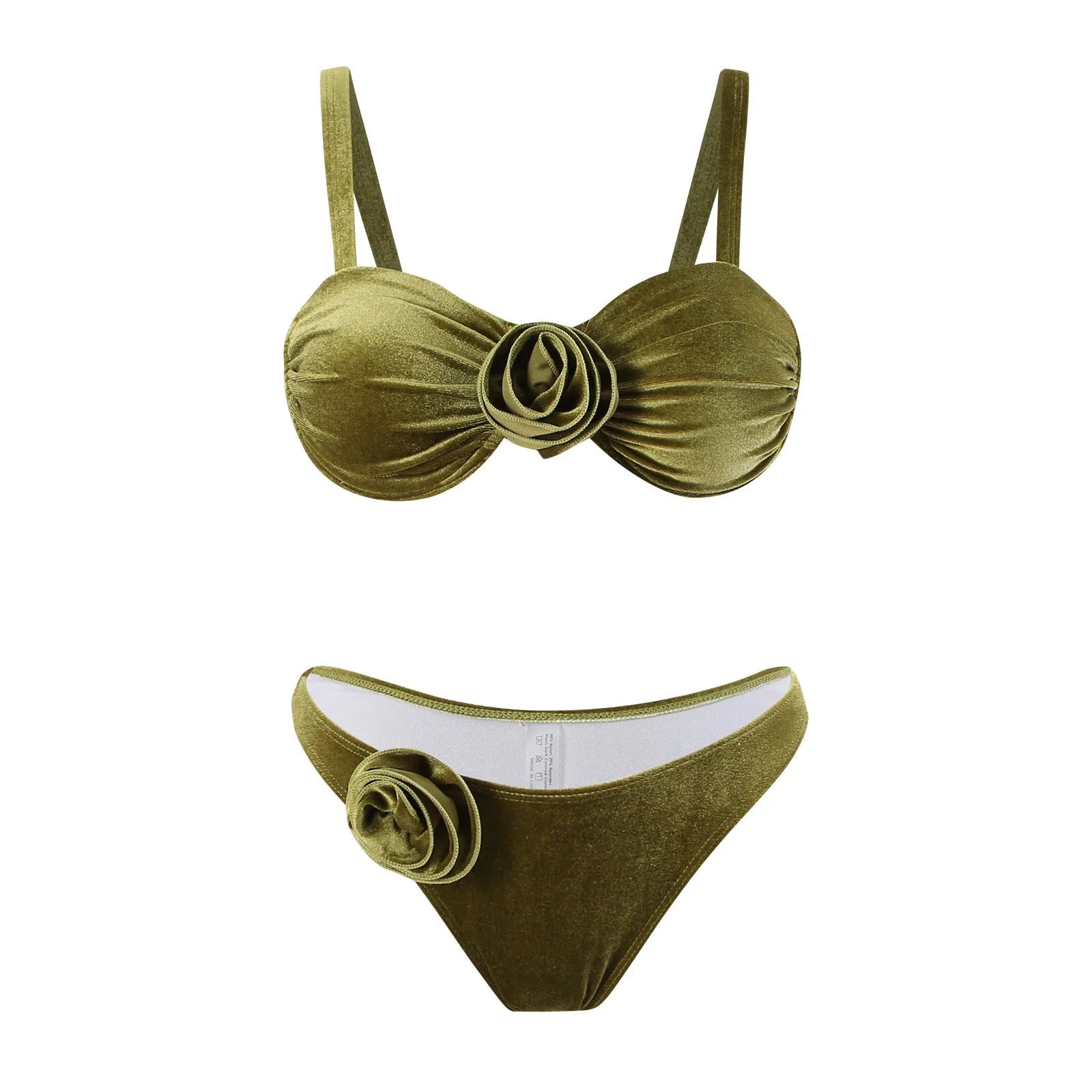 Women's green 3D floral pattern swimsuit with brief style and high elasticity lining.