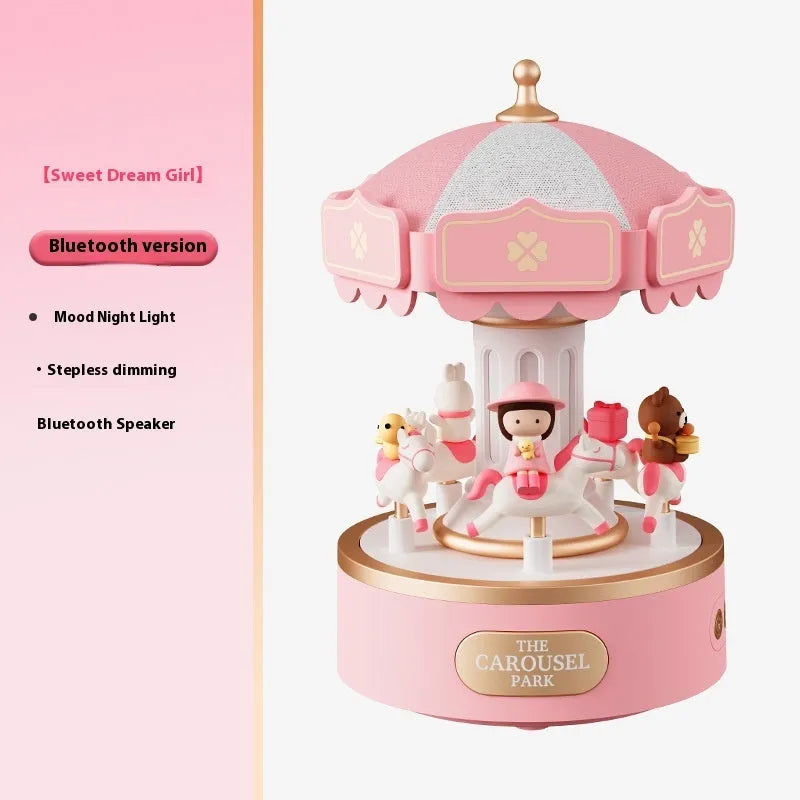 Carousel music box with ambience light showing rotating figurine and USB charging base