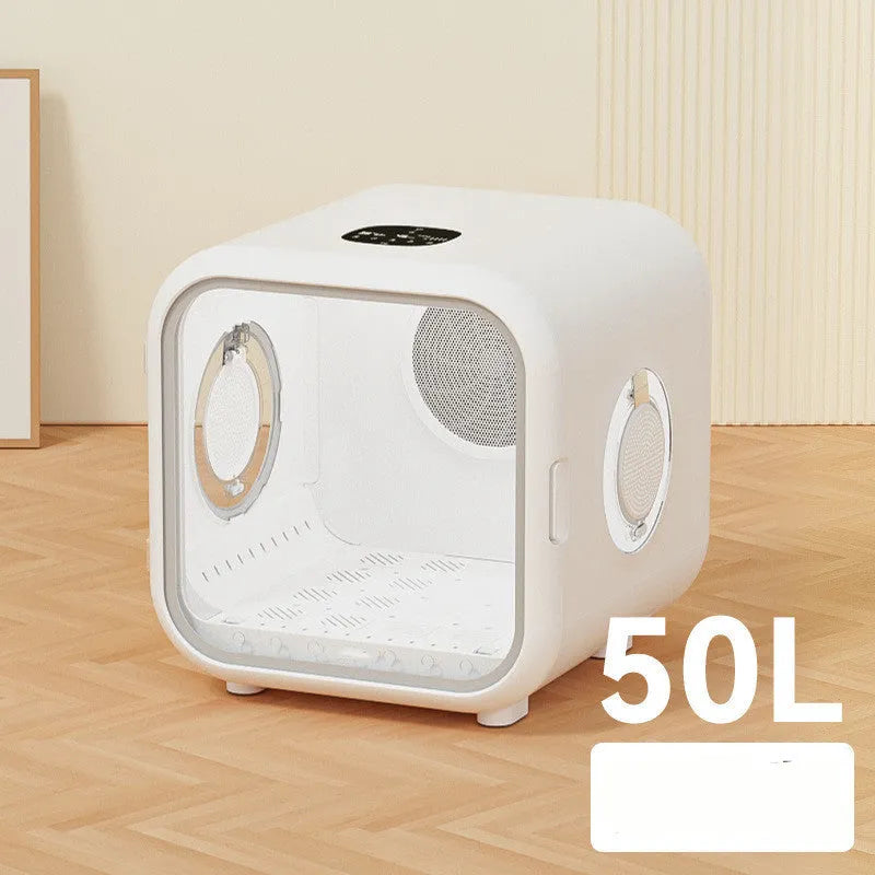 Automatic pet drying box in 50L and 62L with spiral heating wire, low-noise design, cat litter mat and conversion plug.