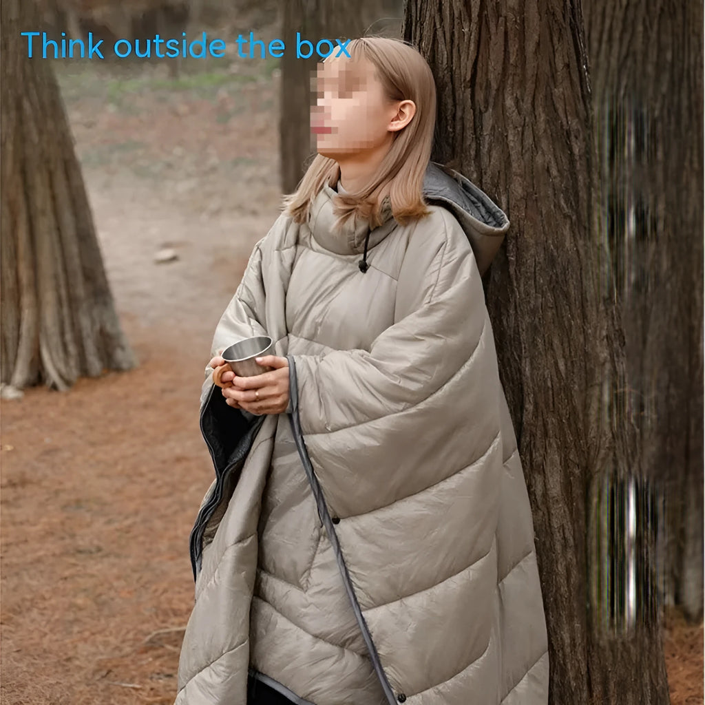 Adult-sized grey outdoor cloak sleeping bag with hood, laid out flat showing its 200cm length.