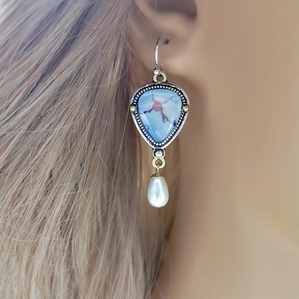 Retro blue geometric drop earrings with synthetic opal and pearl accents on electroplated metal