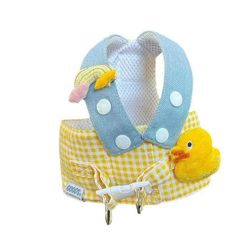 Three-piece cat harness and leash set with a wire rope pulling toy and a cute hat.