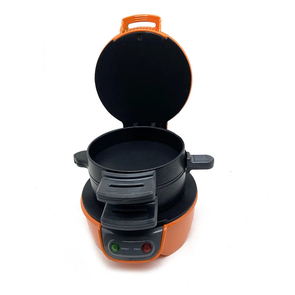Household breakfast machine with sandwich maker and egg cooker functions in bright red colour