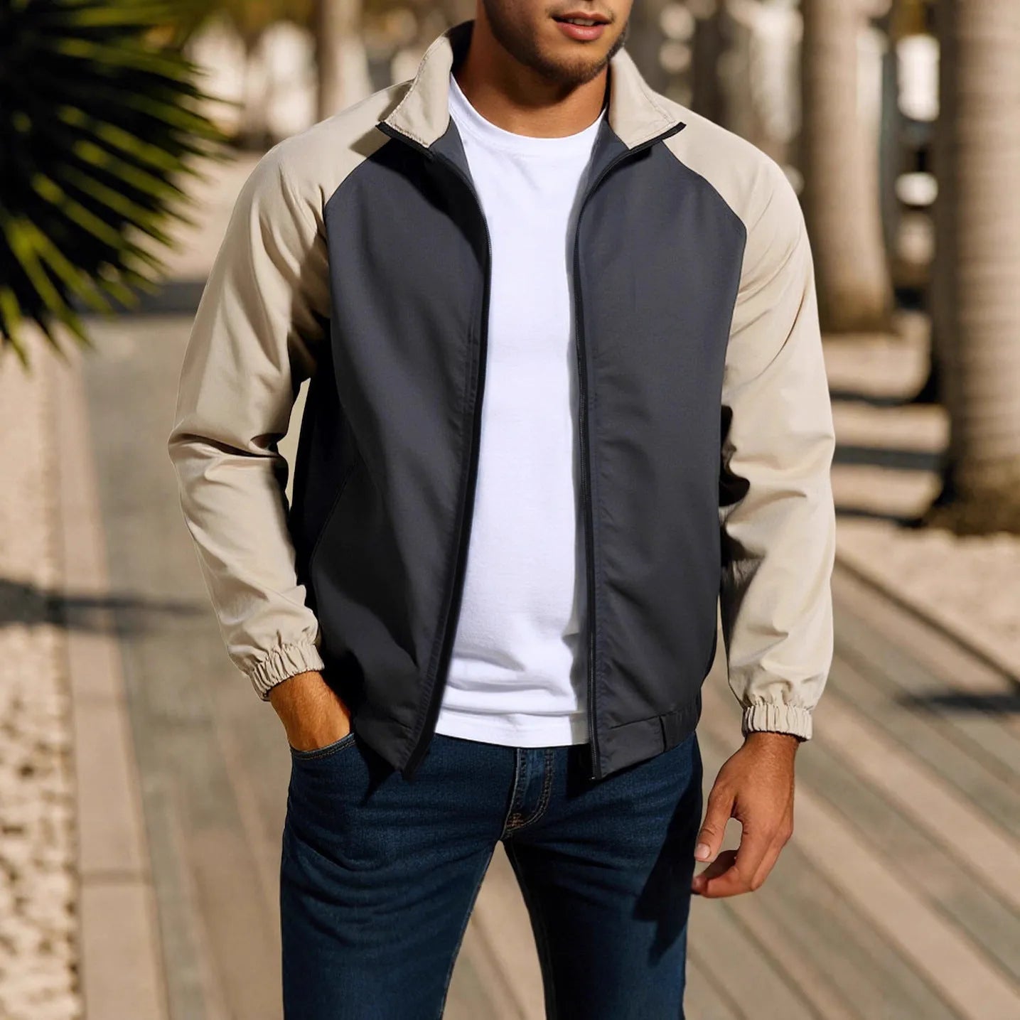 Men's casual stand collar jacket with raglan sleeves in red, khaki, or green colour options